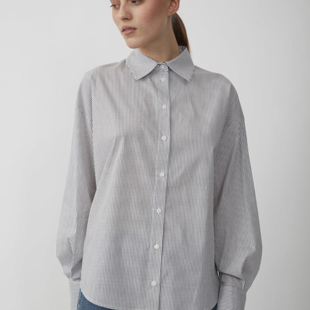 JUST Female Clayton Grey + White Stripe Cotton Poplin Shirt S